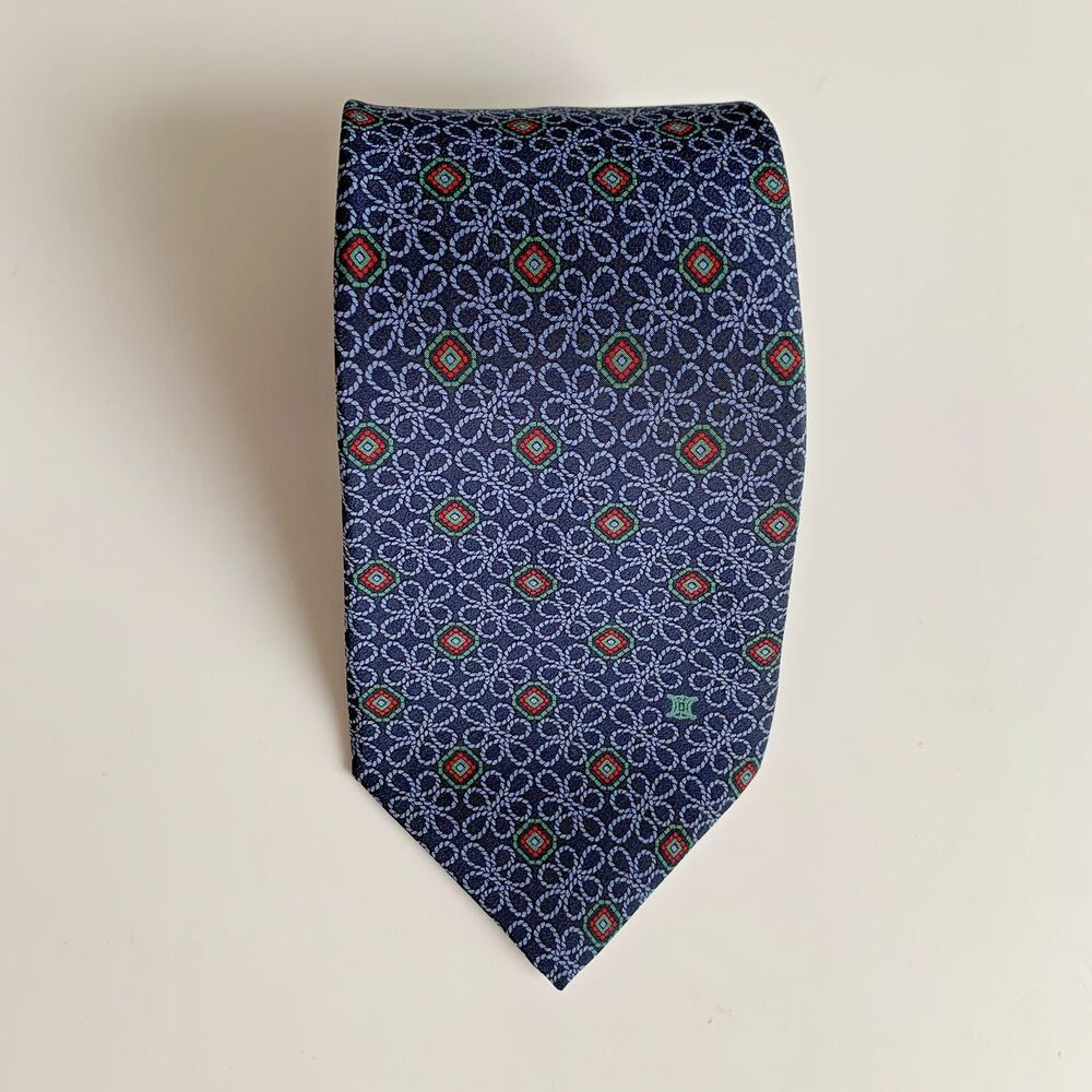 Celine Paris Vintage Silk Tie Geometric Medallion Pattern Navy